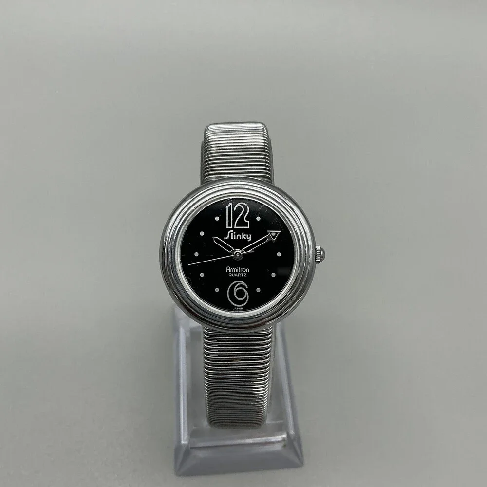 Vintage Armitron Slinky Womens Watch 29mm Black Dial Silver Tone New Battery
